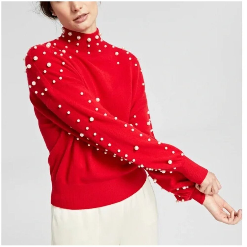 NWT Charter Club 100% Cashmere Pearl Mock-Neck Sweater M